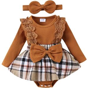 Baby Girl Clothes Fall Winter Outfit Plaid Romper Long Sleeve Dress Lace Ruffles Bodysuit with Bow Headband (3-6 Months, Brown)