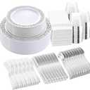 WELLIFE 350pcs Silver Party Dinnerware Set for 50 Guests, Silver Wedding Plates Disposable Heavy Duty, Including :50 Dinner Plates, 50 Dessert Plates, 50 Cups, 50 Napkins, 50 Sliver Silverware Set