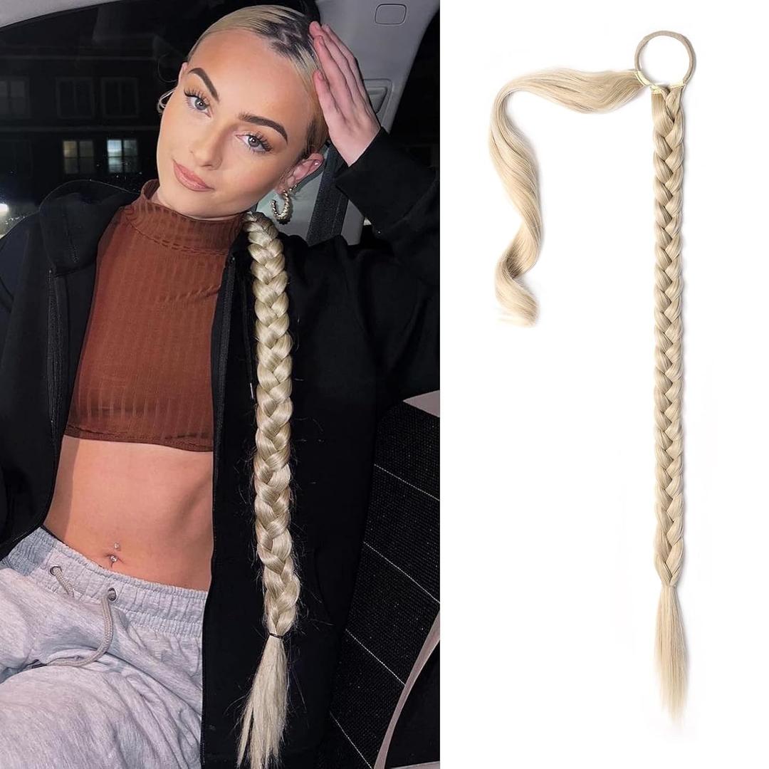 SEIKEA Upgraded Long Braid Ponytail Extension with Elastic Tie Straight Sleek Wrap Around Braid Hair Extensions Ponytail Cool Platinum Blonde 34 Inch (After Braided 30 Inch)