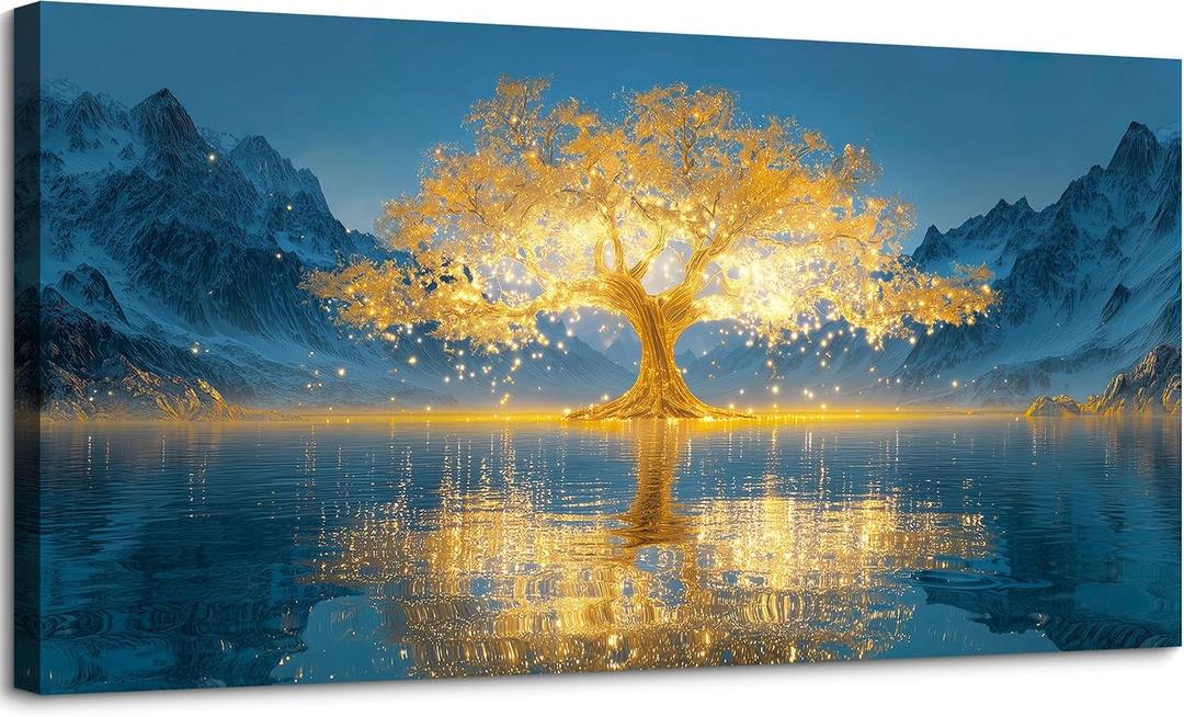 SLYCAY Large Golden Tree of Life Wall Art for Living Room, Nature Snow Mountain Lake Landscape Painting Pictures Wall Decor, House Decorations Bedroom Office Hallway Prints Artwork 24"X48"