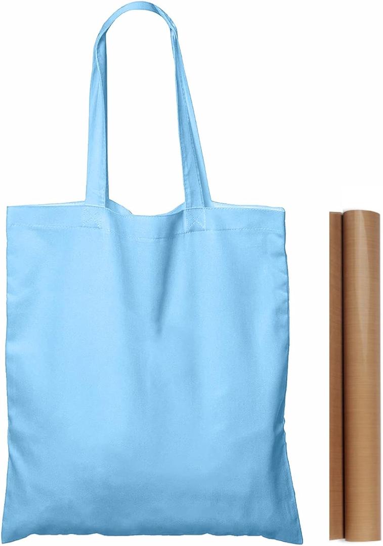 NPBAG 5 Pack 15'' X 16'' Baby Blue Cotton Tote Bags, Blank Bulk Cloth bags with 1pc of PTFE Teflon Sheet (Medium)