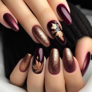 2 x Autumn Press on Nails Medium Coffin Fake Nails Glitter Gold Burgundy False Nails with Yellow Maple Leaves Design Glossy False Nails Press Ons Glue on Nails for Women Manicure 24 PCS