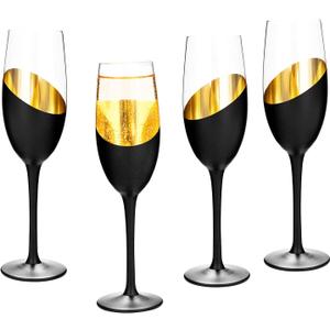 MyGift Modern Stemmed Champagne Flute Glass Set of 4 with Black and Gold Plated Design, Bachelorette Toasting Glasses Party and Wedding Wine Glass, 8 oz
