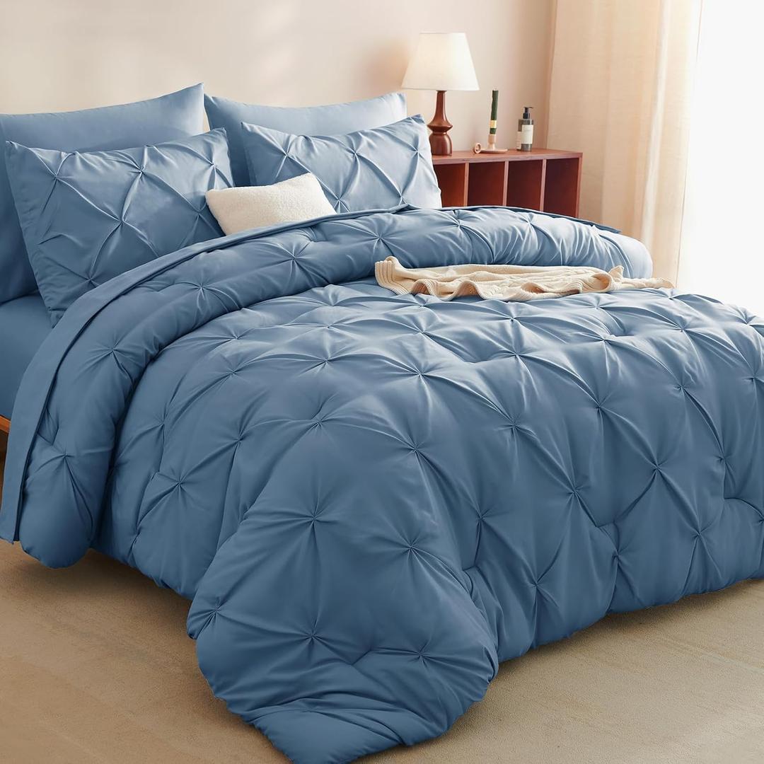CozyLux Full Size Comforter Sets Grayish Blue, 7 Pieces Pintuck Bed in A Bag Blue Comforter Full Size, Pinch Pleat Bedding Sets with All Season Comforter, Sheets, Pillowcases & Shams