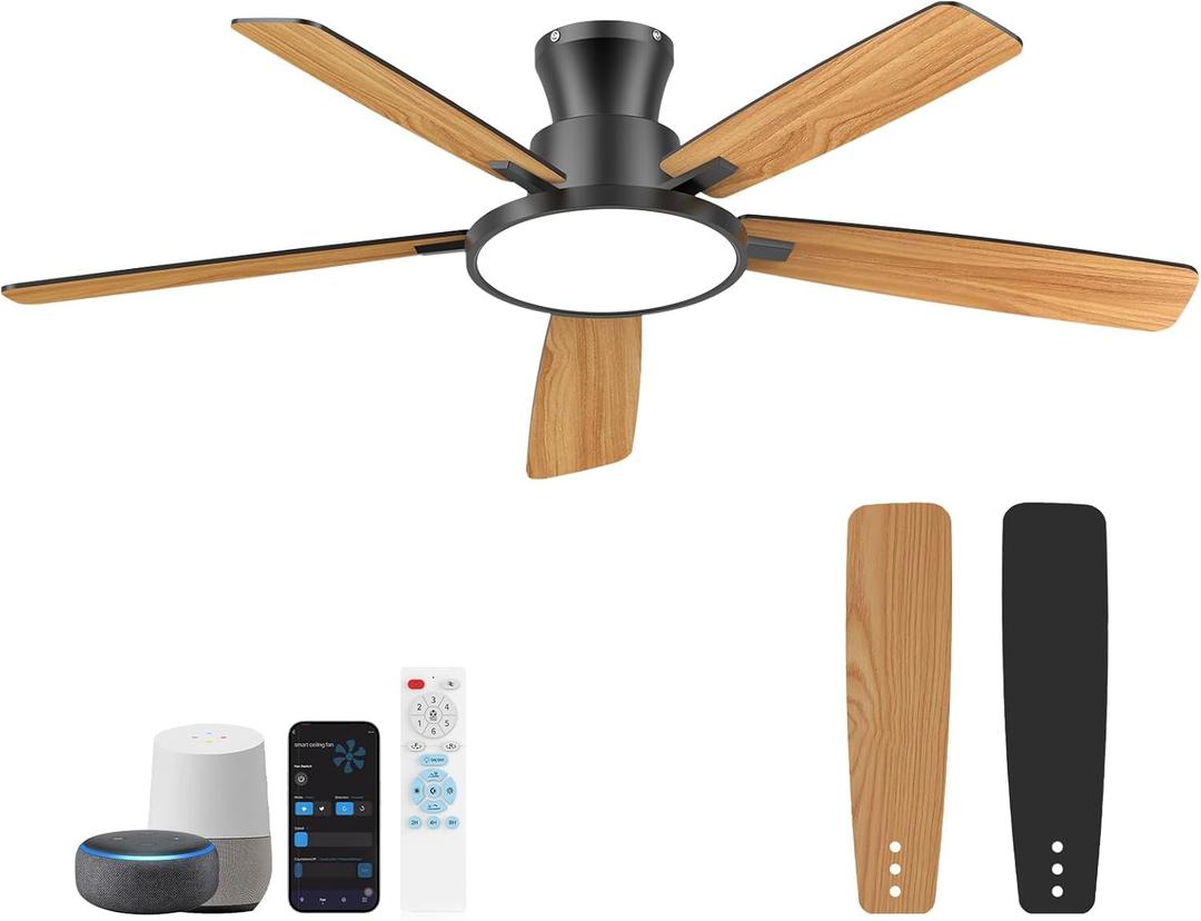 Ceiling Fans With Lights,52 Inch Smart Ceiling Fan, Remote/App Control, Compatible with Alexa/Google Assistant,Reversible,Dimmable,Adjustable Color Temperature,6 Speeds,Timer(Black) (Black and Oak)