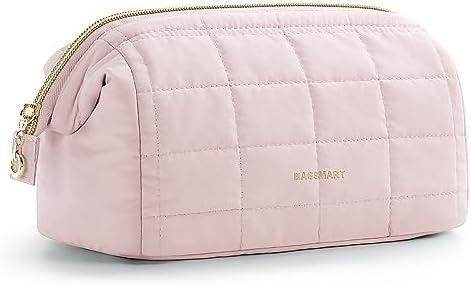 BAGSMART Makeup Bag Travel Toiletry Bag, Puffy Padded Make Up Bags for Women Makeup Organizer Case, Wide-open Pouch Purse Travel Essentials Toiletries Accessories Brushes, Pink