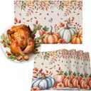 Fall Pumpkins Placemats Set of 4 Thanksgiving Orange Blue Green Leaves Linen Texture Washable Place Mats Non-Slip Heat Insulation Cotton Blend Table Mats for Kitchen Dining Party Decoration, 13"x19" (Sandy Brown Pumpkin)