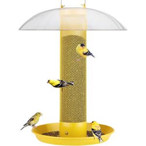 Kingsyard Finch Bird Feeder for Outdoors Hanging, Metal Mesh Tube Bird Feeders for Thistle & Nyjer Seed, Large Removable Tray & Rainproof Dome, 2.5 lbs Seed Capacity, Yellow