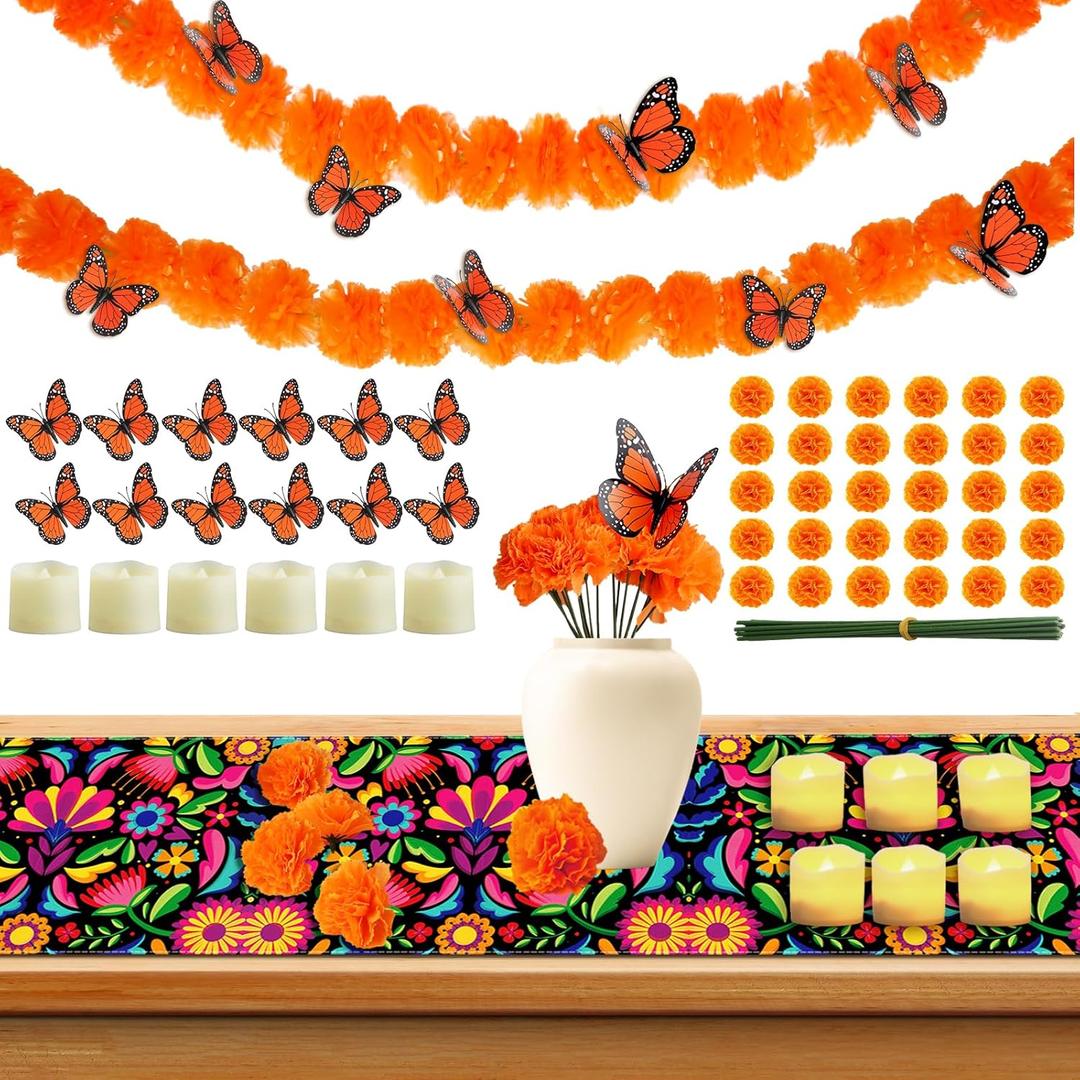 83pcs Dia De Los Muertos Decorations Ofrenda Kit - Day of The Dead Altar Decor Set,2 Marigold Garland 30 Marigold Flowers & Stems, Table Runner,12 Monarch Butterfly 6 Candle (Table Runner-Flower)