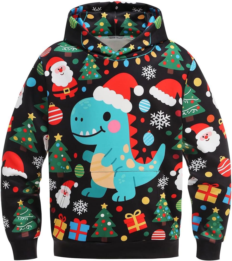 GRAJTCIN Kids Ugly Christmas Sweater for Boys Girls, Long Sleeves Hoodies Non-knited Sweatshirt (Black, XL)
