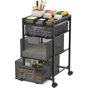 Rolling Utility Cart with 3 Drawers, Craft Organizer and Storage with DIY Divider, Lockable Wheels, Multi-Functional Storage for Art Supplies, Store for Brushes & Paints & Small Parts(Patent Pending) (Black)