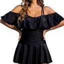 COCOPEAR Women's One Piece Flounce Swimsuit Off Shoulder Bathing Suit Tummy Control Swimdress (XX-Large, Black)