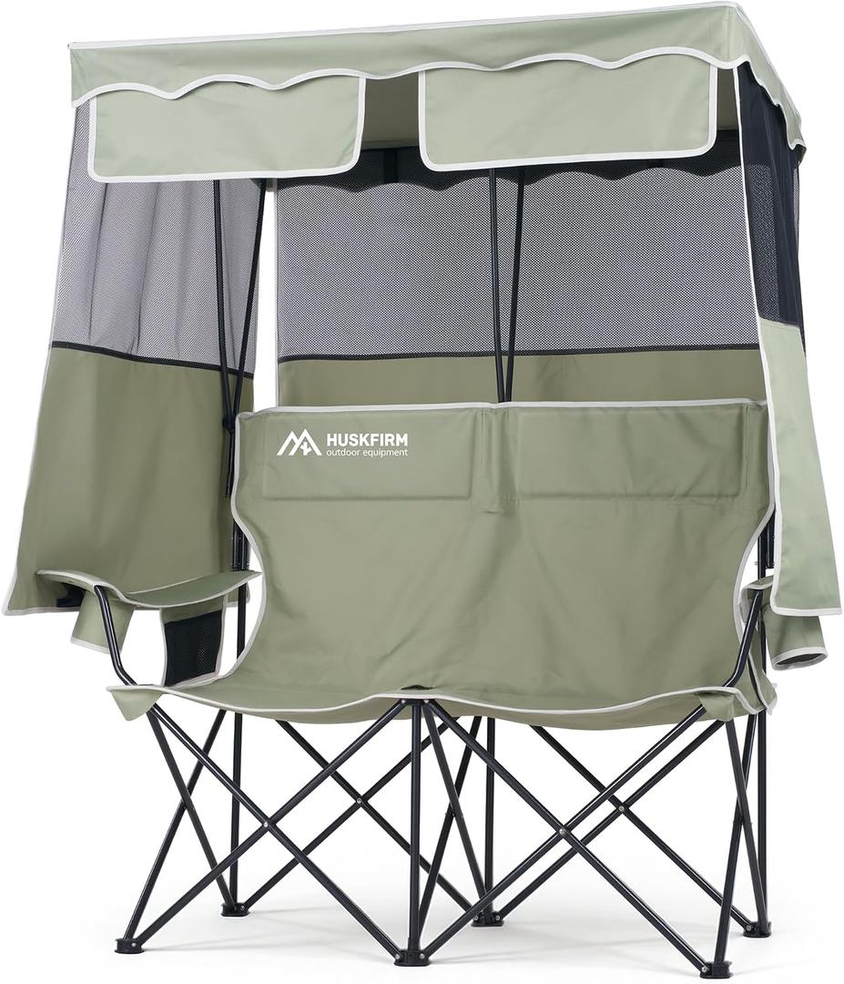 Huskfirm Double Camping Chair with Shade Canopy 2 Person Folding Chair with Canopy Portable Beach Chair Heavy Duty Camping Chair with Two Cup Holders and Side Pocket for Outside Camping,Beach,Sports, 54.6 inches x 19.5 inches x 54.6 inches
