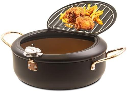 Deep Fryer Pot, 4.3L/11 Inch Japanese Tempura Frying Pot with Fahrenheit Thermometer, Nonstick Carbon Steel Oil Fryer, for Tempura/Frech/Fish/Chicken Fries, Easy Clean, Black