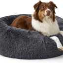 Bedsure SupportMax Calming Dog Beds Large Sized Dog - 36in Donut Washable Large Pet Bed,Anti-Slip Removable Cover,420GSM Round Anti-Anxiety Fluffy Plush Faux Fur Bed, Fits up to 80 lbs Pets (Dark Grey)
