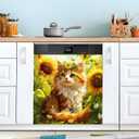 Dishwasher Magnetic Cover 25.59x23.03in Sunflower Kitten Design, Waterproof Removable Kitchen Appliance Magnet Panel Decor for Dishwasher Refrigerator Washer