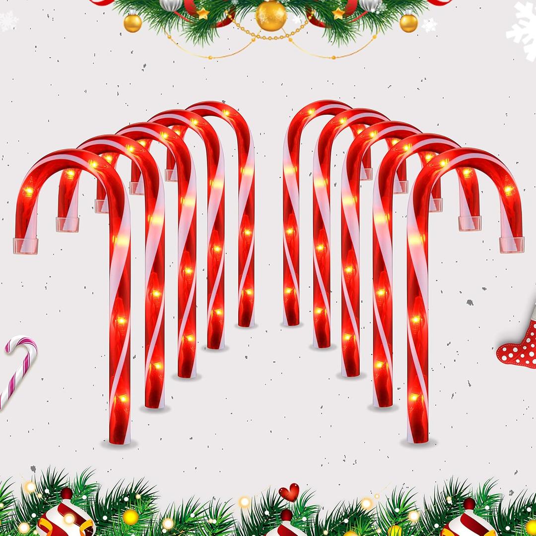 10" Christmas Candy Cane Lights (10PCS) for Landscape Decoration,Red & White Pathway Makers Lights (Include Stakes)