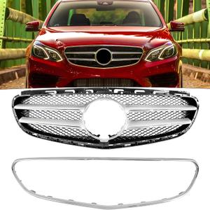 Front Bumper Grill Grille Fit For 2014 2015 2016 Mercedes E-Class E250/ E350/ E400/ E550/ W212/ S212, Radiator Grill + Chrome Molding Trim Replacement Parts Grid Accessories (Silver & Black)