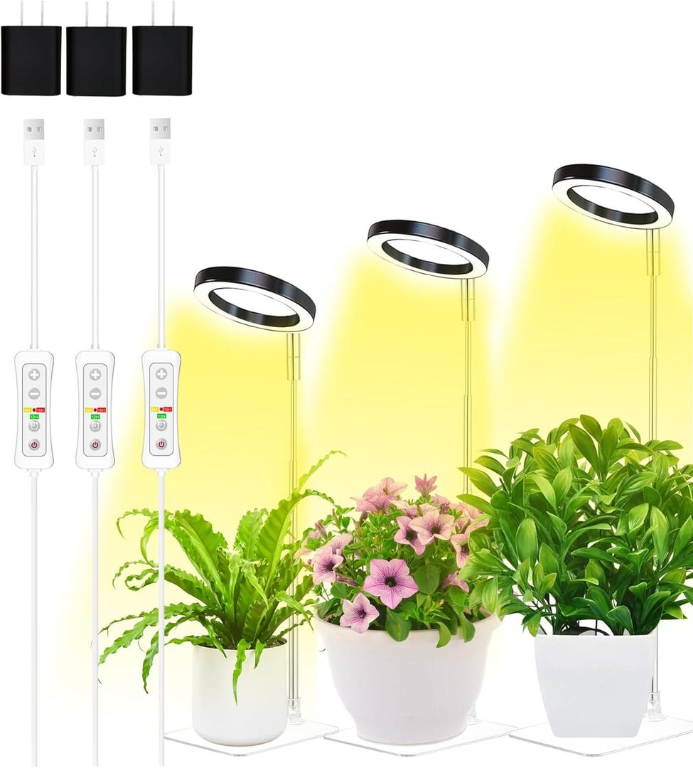 Plant Grow Light,yadoker LED Growing Light Full Spectrum for Indoor Plants,Height Adjustable, Automatic Timer, 5V Low Safe Voltage,Idea for Small Plant Light(3 Pack) (Black)