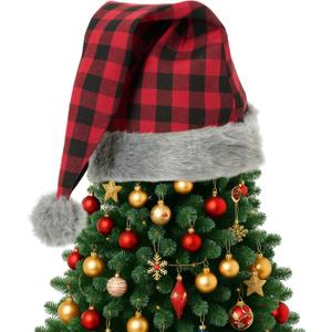 Gejoy 30'' x 16'' Christmas Tree Topper Hat Large Plush Red Black Striped Plaid Santa Hat Christmas Tree Ornaments for Winter Xmas Holidays Party Decorations(Red and Black Plaid,Cotton)