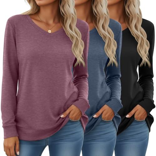 Velvelhall 3 Pack Women's Long Sleeve Sweatshirts Cotton V Neck Pullover Shirts Casual Loose Fit Soft Basic Tunic Tops(Black, Navy Blue, Red, X-Large)