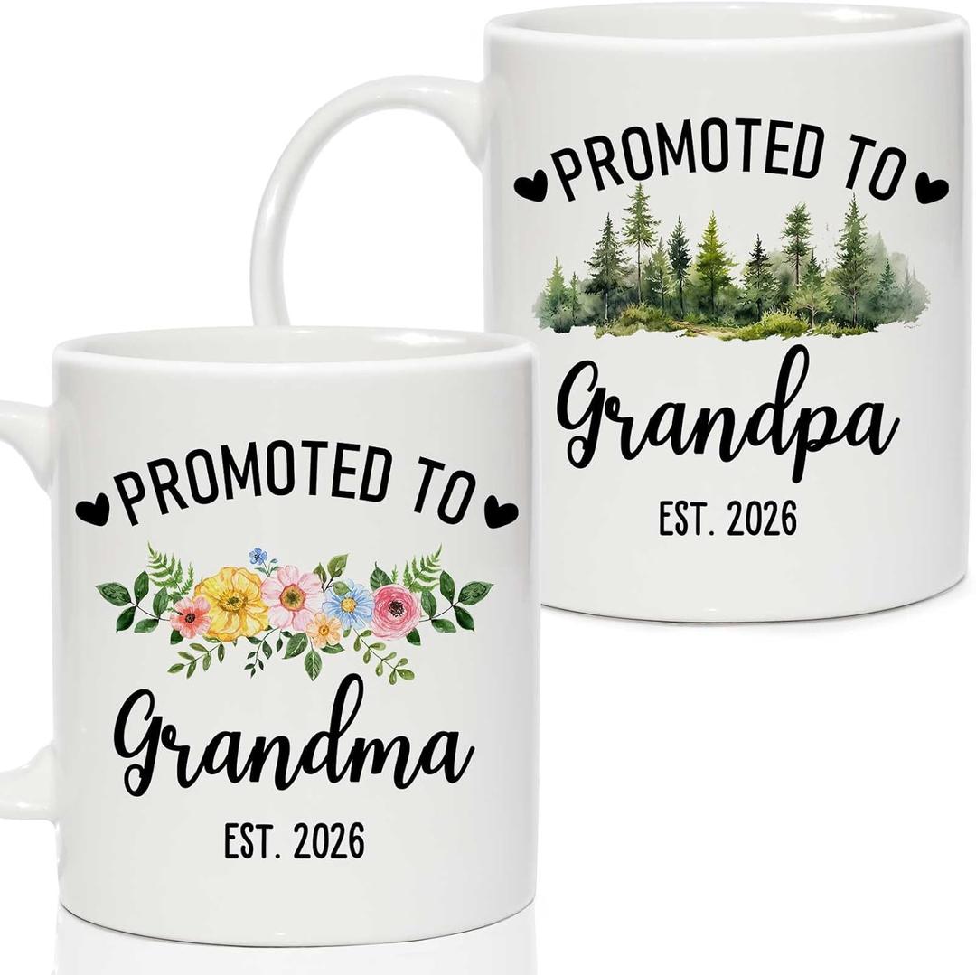Breezy Valley Gifts for New Grandparents, Promoted to Grandma and Grandpa Coffee Mugs EST.2026, First Time Grandparents Gifts, Pregnancy Announcement Baby Reveal Mugs for New Grandma Grandpa Set