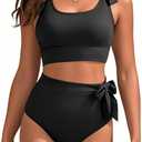 High Waisted Two Piece Bikini - Women Tummy Control Swimsuits Bathing Suit Modest Swimwear 2025 (Large, Black)