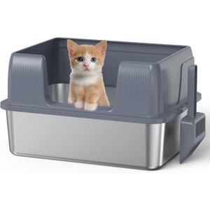Stainless Steel Litter Box with Lid, High Side Metal Kitty Litter Box, No Stick, No Smell, Easy to Clean
