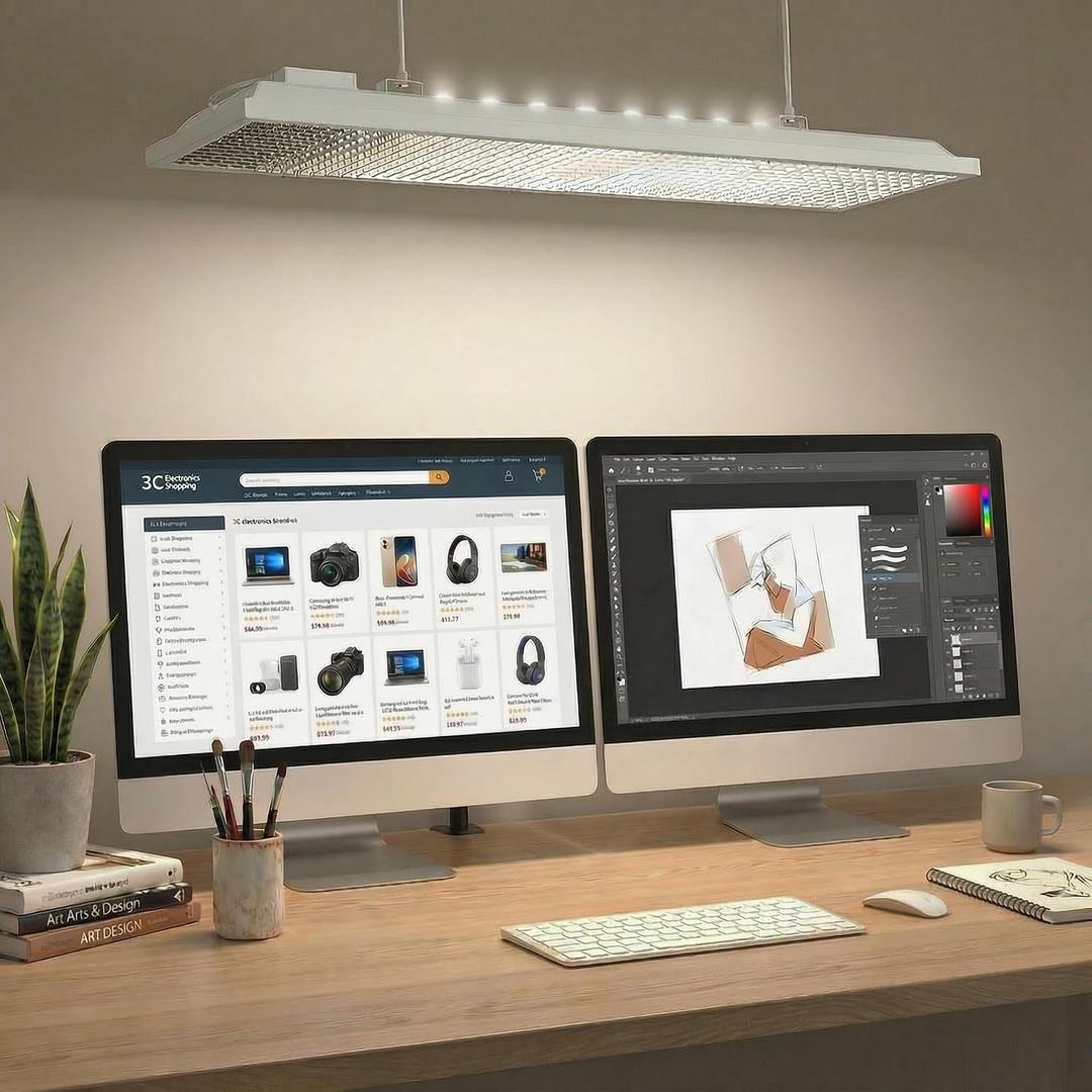 4FT Full Spectrum LED Pendant Light, 4800LM 5000K Natural Daylight Hanging Light, Dual Lighting System (36W Direct+12W Ambient), UGR≤14 Eye-Caring Task Light for Reading, Study, Office