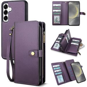 TwoHead for Samsung Galaxy S24 Wallet Case with Card Holder,Detachable Magnetic Phone Case for Galaxy S24,PU Leather Shockproof Protective Phone Cover Wallet with Wrist Strap(6.1 in,Deep Purple)