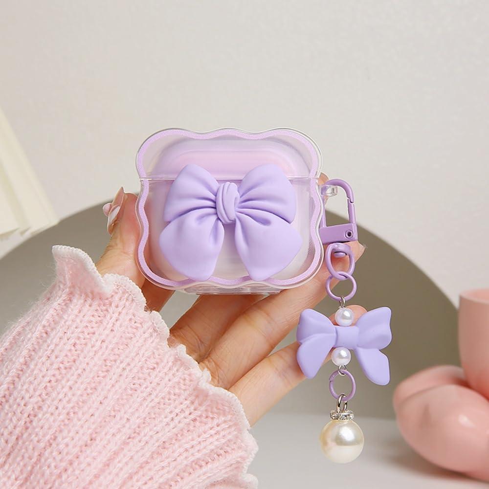 Compatible with Apple AirPods 4 Generation 2024 Case Cover, Cute 3D Bow Tie Design Shockproof Soft Clear TPU Kawaii Airpods 4 Protector with Keychain for Women Girls, Purple Bow
