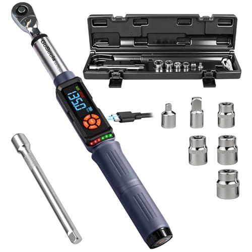 Goseek Upgraded Rechargeable Digital Torque Wrench, 5-99.6 Ft-lbs/6.8-135Nm, 3/8'' Drive Electric Torque Wrench Set with Buzzer & Colorful LED & Vibration for Car Motor Tire Repair