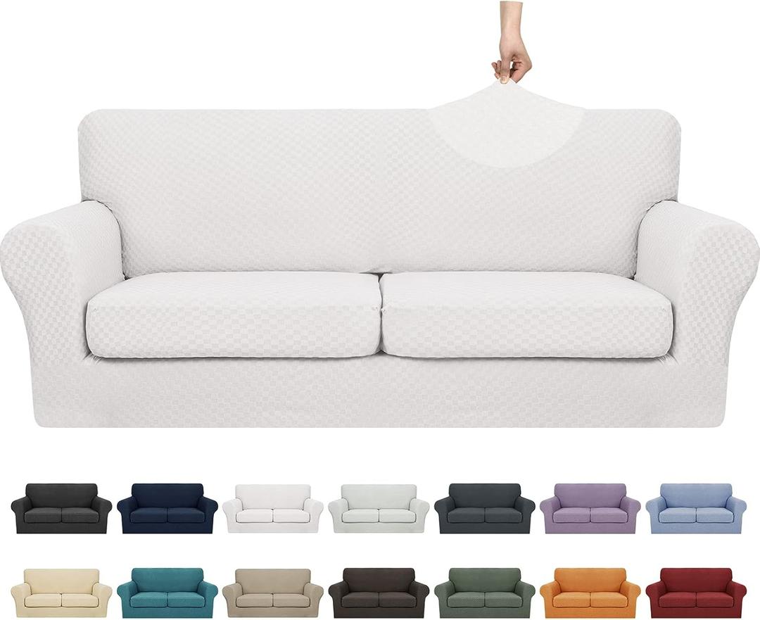 YEMYHOM Latest Checkered 3 Pieces Couch Covers for 2 Cushion Couch High Stretch Sofa Cover with 2 Extra Large Seat Cushion Covers Anti Slip Elastic Slipcovers (XL Loveseat, White), 71"-91"(2 CUSHIONS)