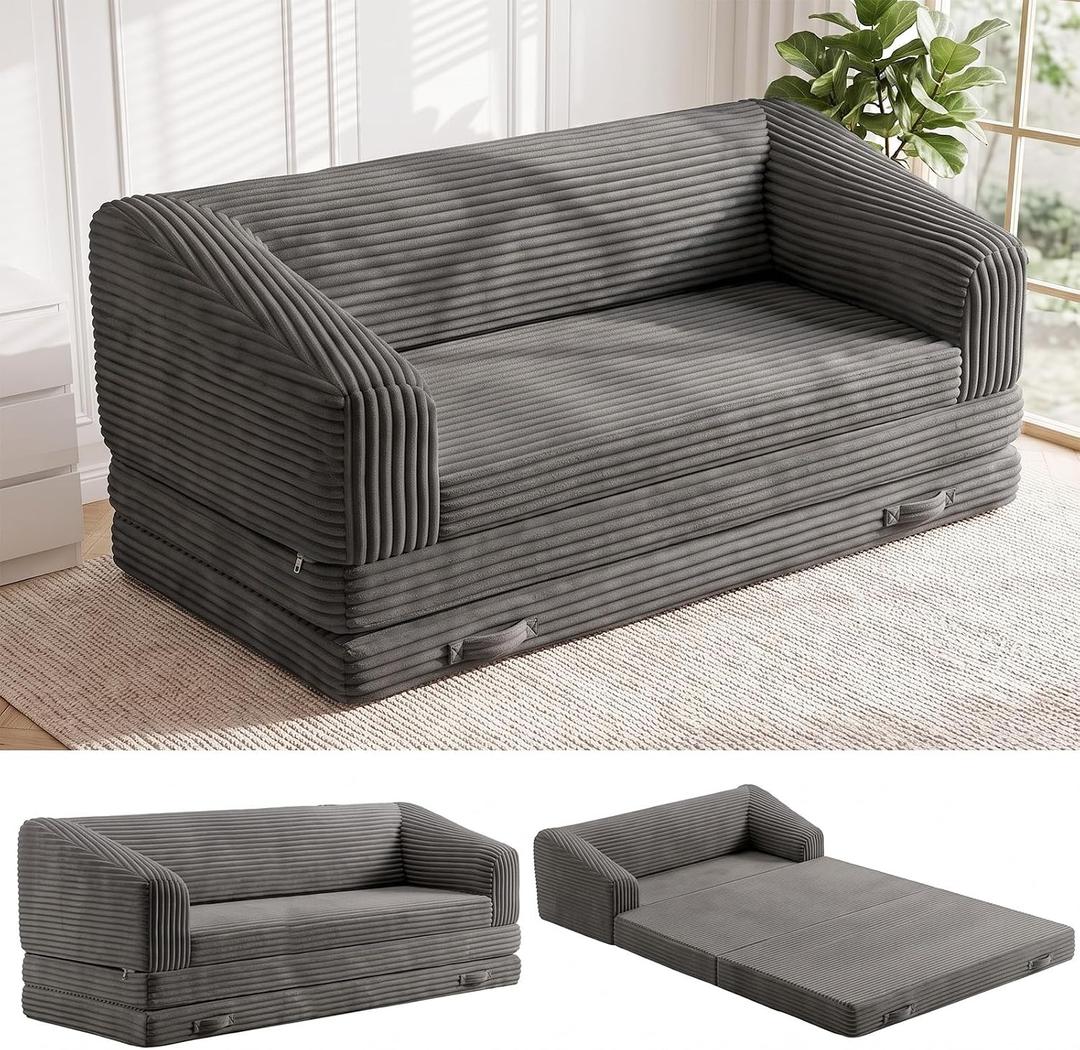 Convertible Sofa Bed, 3-in-1 Foldable Loveseat Couch with Armrest, Corduroy Floor Sofa & Sleeper Bed, No Assembly High-Density Foam Futon Mattress for Living Room, Small Apartment, Dorm