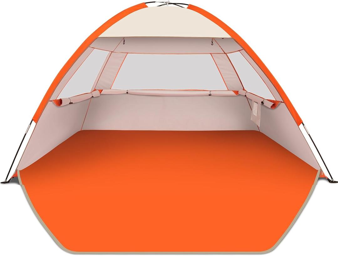 Gorich Beach Tent Sun Shelter for 3/4-5/6-7/8-10 Person with UPF 50 UV Protection, Lightweight & Easy Setup Beach Shade Canopy, Portable Beach Shade Tent Beach Cabana (Orange- Beige)
