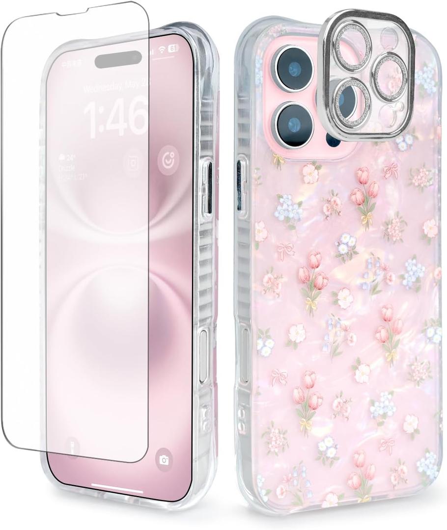 Cute Tulip Flowers Bow Shell Pattern for iPhone 14 Plus Case, [3 in 1] with Screen Protector & Camera Lens Protector, Clear Soft Shockproof Slim Fit Floral Phone Cover for Women (Pink)