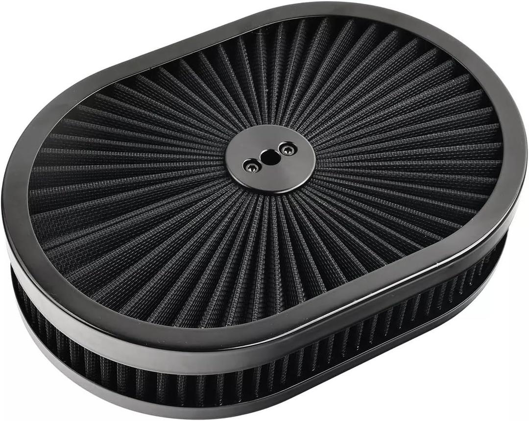BestParts 12"x 2" Black Oval Air Cleaner Washable Filter Assembly 5-1/8" Carb Neck w/Flow-Thru Lid High-Flow Chrome Compatible With GMC Chevy Ford Chryler Dodge Hot Rod Customs