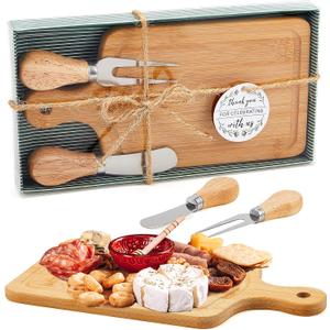 1 Set Bridal Baby Shower Cheese Prizes Wooden Square Board Gift Set Knives Forks Thank You Tags with Box for Guests for Valentines Bridal Baby Shower Housewarming Gifts (Bamboo Color)