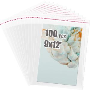 Egofine Self Sealing Cellophane Bags 100 PCS Clear Resealable Sleeves Bags for 9x12 Photo Mats (Bag Size: 9.38x12.4 inches for 9x12 Mats)