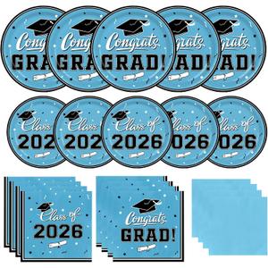 Graduation Plates and Napkins Gatherfun 2026 Graduation Party Supplies Sky Blue Disposable Paper Plates Cocktail Napkins for Congrats Grad Decorations, Serve 50