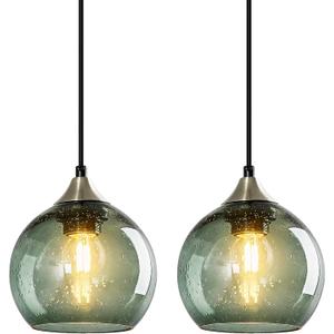 Gray Green Glass Pendant Lights Kitchen Island Lighting Globe Pendant Light Fixtures Modern Pendant Lighting for Kitchen Island Bedroom Living Dining Room Light Fixture(5.9in, 2-Pack)