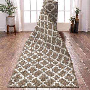 U'Artlines Long Runner Rug for Hallway 210feet Non Slip Kitchen Floor Carpet Runners Brown Geometric Pattern Machine Washable Area Rug for Entryway Bathroom (2x10ft, Khaki)