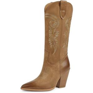 ISNOM Cowboy Boots Cowgir Boots for Women, Pointed Toe Chunky Heel Western Boots 6