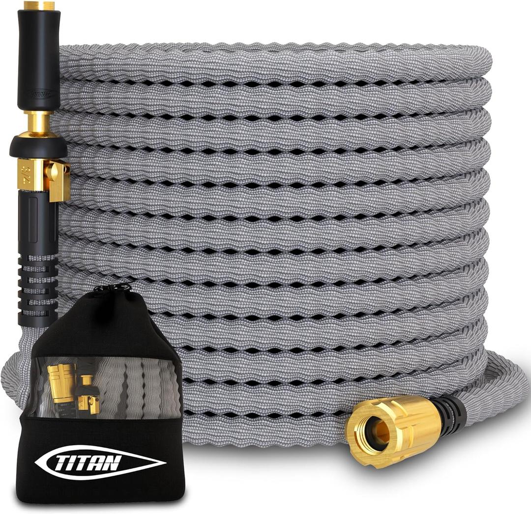 TITAN Flexible Garden Hose 65FT  Ultra Lightweight, Heavy Duty Water Hose with Brass Fittings & Jet Nozzle  Kink-Free, Non-Expanding, Durable Fabric Hose for Yard, Lawn, Car Wash, Outdoor Use (Gray)