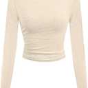 SOFIA'S CHOICE Boat Neck Long Sleeve Top Women Crop Tops Side Ruched Fitted T Shirts Beige Medium