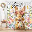 Spring Easter Bunny Shower Curtain, Happy Easter with Cute Rabbit Eggs Flower Shower Curtain for Bathroom, Colorful Floral Animal Farmhouse Spring Holiday Bath Curtain with Hooks, 69X70IN