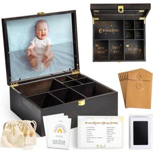 Baby Keepsake Box Wooden with 6 Additional Items - Baby Shower Gifts for Girls Boys New Mom, Newborn Essentials Must Haves Memory Box with Tooth Fairy Tooth Holder, Engraved with Guidelines, Large