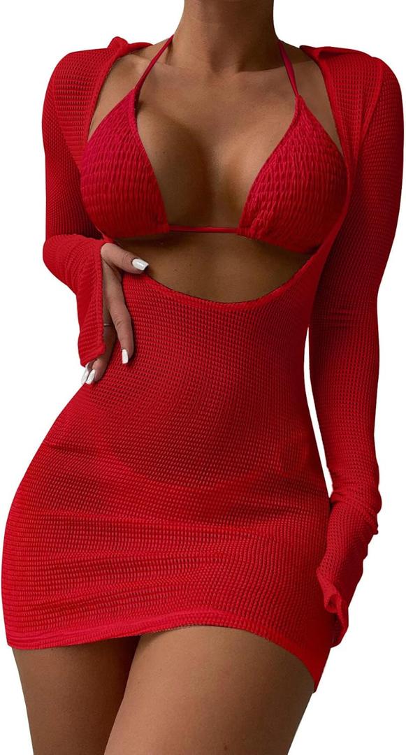 Lilosy Sexy Long Sleeve Mesh Swimsuit 3 Pieces Cover Up Bikini Set (Medium, Smocked Red)