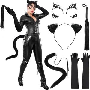 Redbaker 5 Pcs Halloween Black Cat Costume Includes Cat Ears Headband, Gloves, Black Tail, Leather Tassel Props, Face Jewel for Halloween Dressing up Party, 7.14