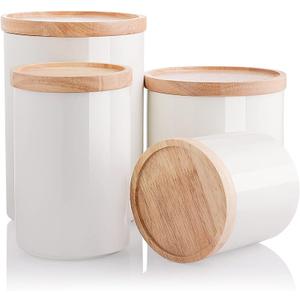 Sweejar Kitchen Canisters Ceramic Food Storage Jar Set, Stackable Containers with Airtight Seal Wooden Lid for Serving Ground Coffee, Tea, Herbs, Grains, Sugar, Salt - Set of 3 (White)